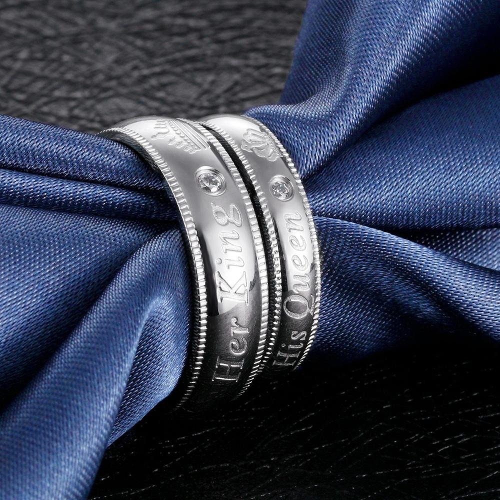 Stainless Steel Zircon Couples Rings 'Her King His Queen' Wedding Engagement Silver Ring For Men Women Custom Engraved Jewelry