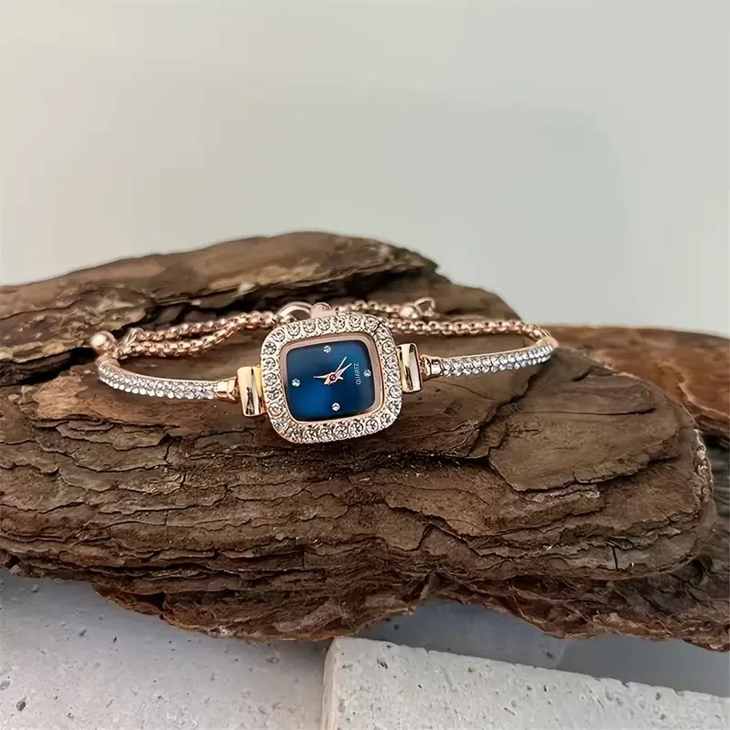 Elegant Women's Square Quartz Watch with Rhinestone Accents, Alloy Case and Band, Analog Display - Party Dress Wristwatch