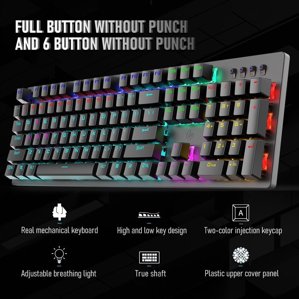 HP GK100F Wired Full Size RGM Backlit Mechanical Gaming Keyboard, 7 LED Indicators, Mechanical Blue Switches,
