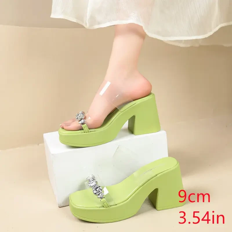 Women'S Summer Slide Sandals - French-Inspired Thick Sole, Open Toe with Ankle Strap, Faux Cover, Pink & Green with White Wedge Heels, Elegant Indoor/Outdoor Wear, Strappy Sandals