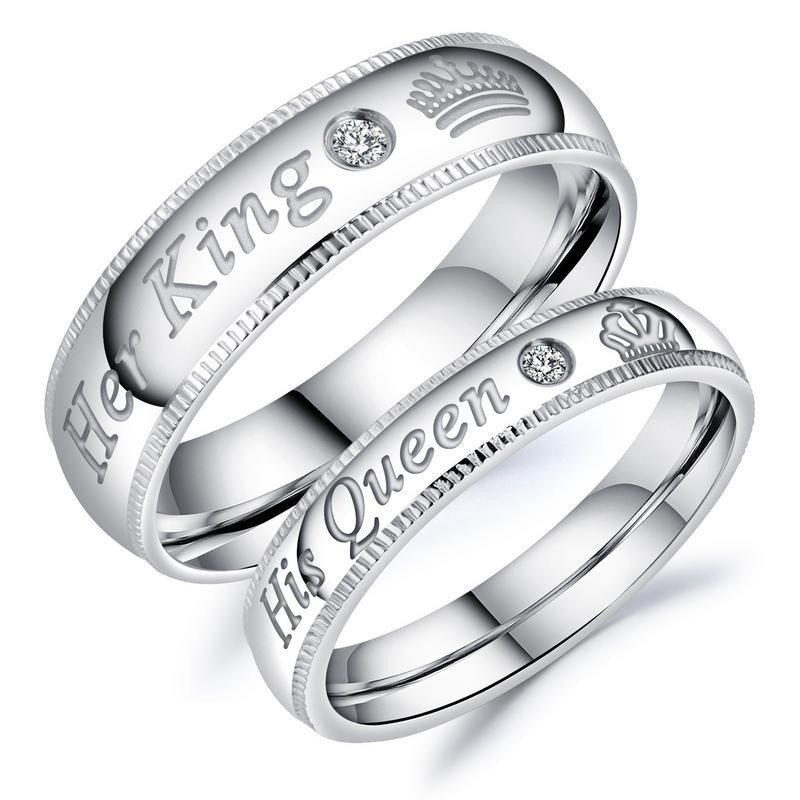 Stainless Steel Zircon Couples Rings 'Her King His Queen' Wedding Engagement Silver Ring For Men Women Custom Engraved Jewelry