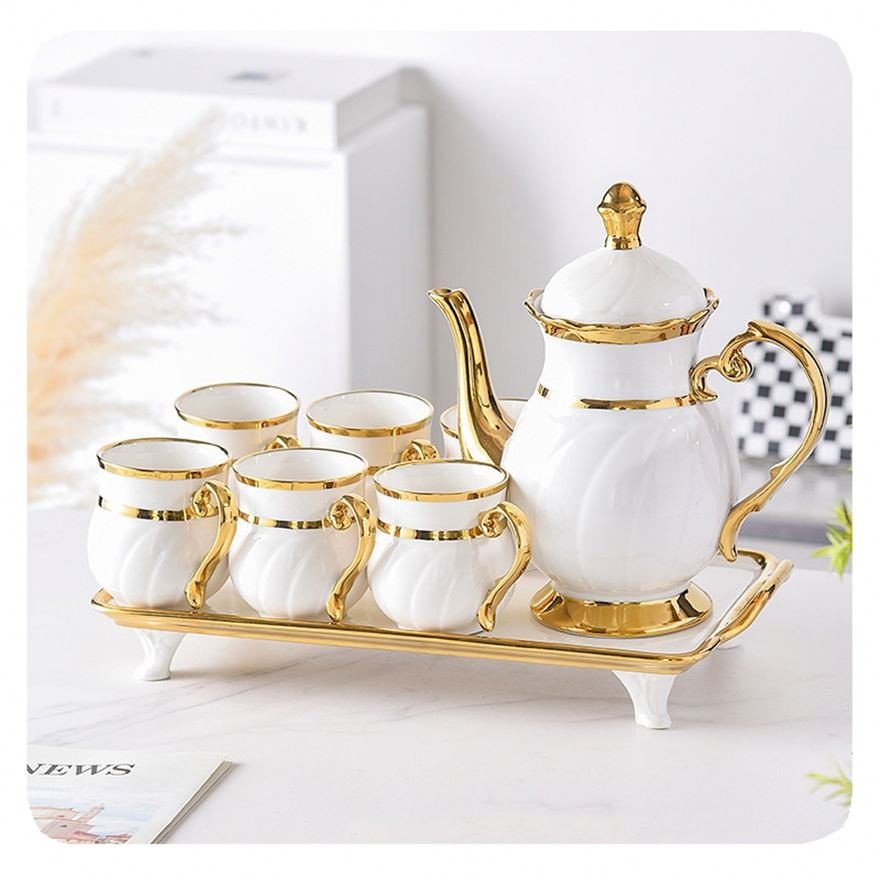 New Luxury 8Pcs Arabic Gold Rim Porcelain Coffee Tea Cup Set With Teapot Tray Ceramic Tea Cup Set