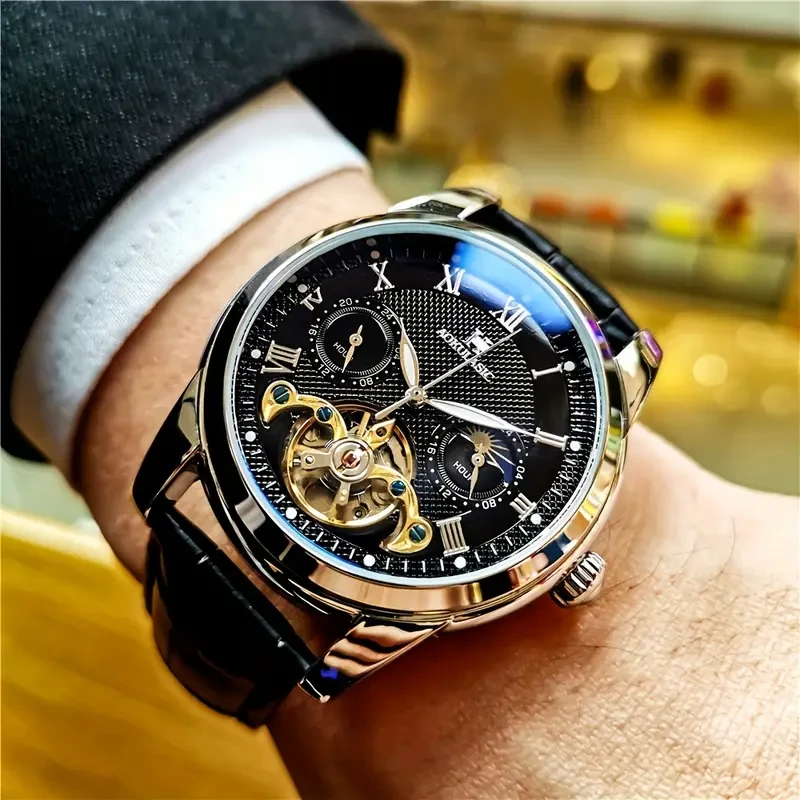 Men'S Luxury Automatic Tourbillon Mechanical Watch - Fashionable Hollow Business Casual Wristwatch with Large Dial, 24-Hour Display