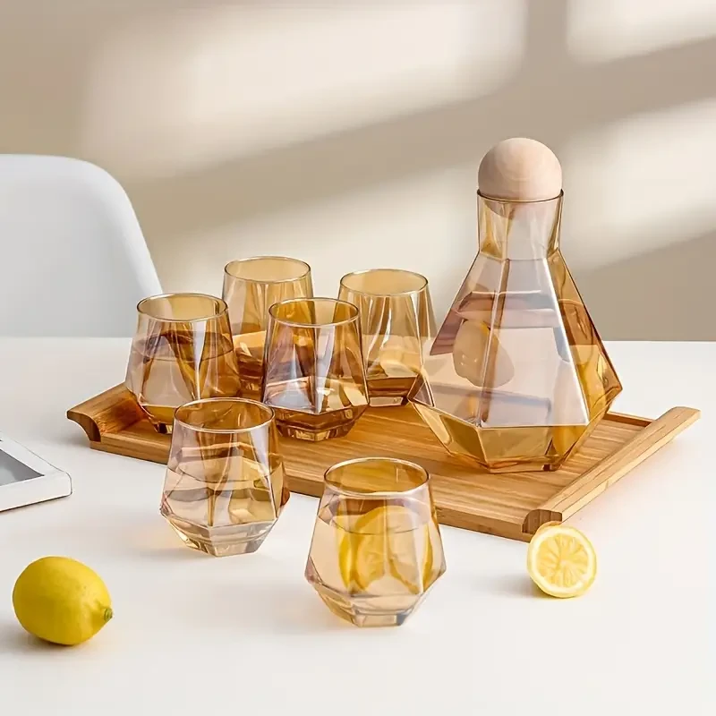 1350ML+4pcs300ml Hexagonal Cold Water Pot Set Glass Nordic ins Heat-resistant Household Large Capacity Juice Pot Amber Cool Water Pot Cup Set