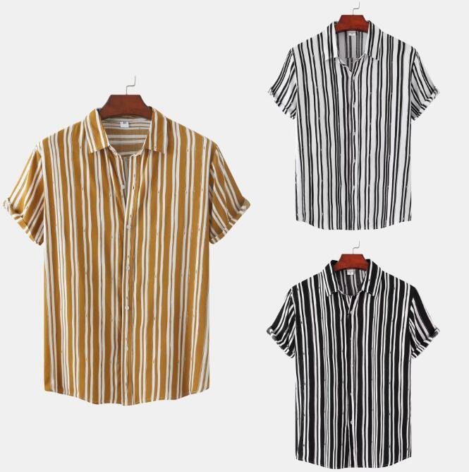 Summer Men's Short Sleeved Striped Casual Shirt Fashion Loose Lapel Collared Striped Shirt Tops